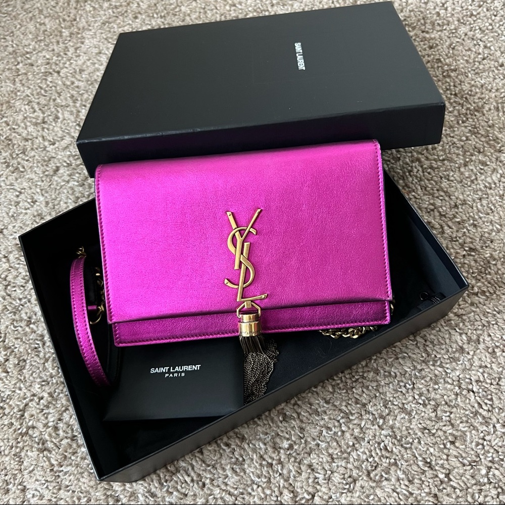 Saint Laurent Classic Monogram Leather Wallet On Chain W/ Tassel Metallic Pink - Picture 1 of 16